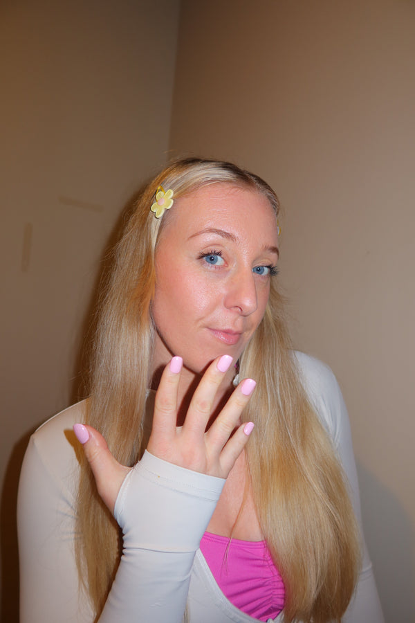 beautiful gym girl with barbie pink short nails