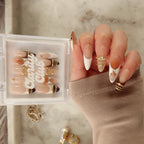 Golden Bangle 3D bangle press on nails NZ — gold rings, rhinestones and tortoise shell on nude ombre almond nails