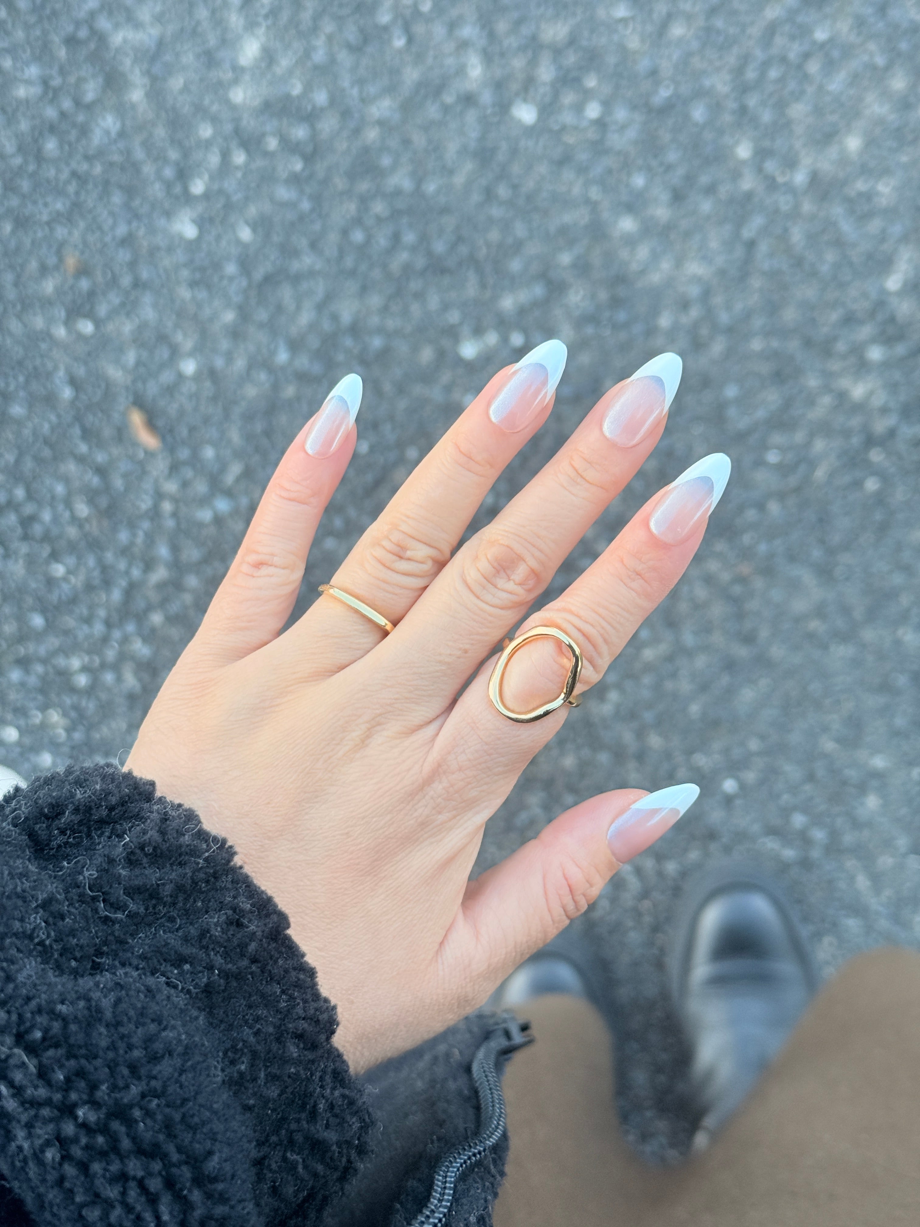 Glazed White French almond press on nails worn on hand, Clarity Club NZ salon handmade