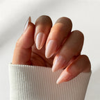 Glazed Donut short almond press-on nails, sheer glassy pink soft acrylic manicure NZ