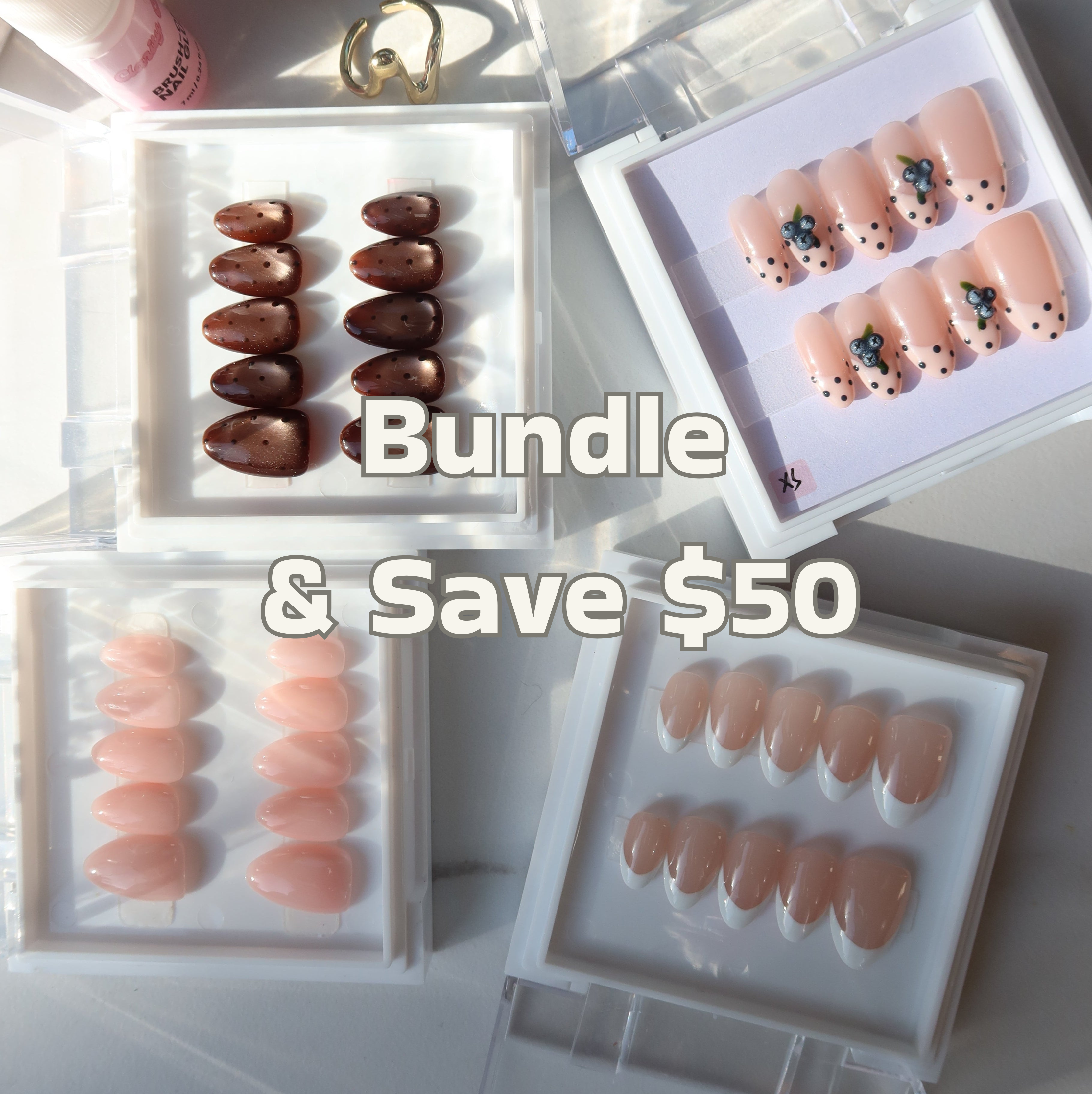 Clarity Club Handmade Bundle - four builder gel press-on nail sets flatlay NZ
