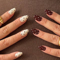 Choco Dots handmade press on nails NZ — brown polka dot on vanilla base, almond shape