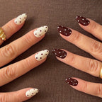 Choco Dots handmade press on nails NZ — brown polka dot on vanilla base, almond shape