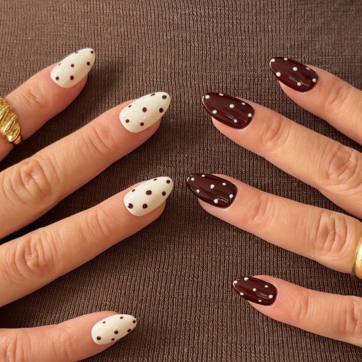 Choco Dots handmade press on nails NZ — brown polka dot on vanilla base, almond shape