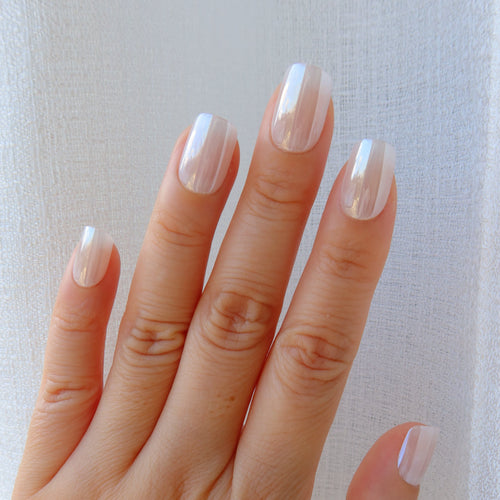     Pearl chrome press-on nails in soft milky white clean girl manicure style