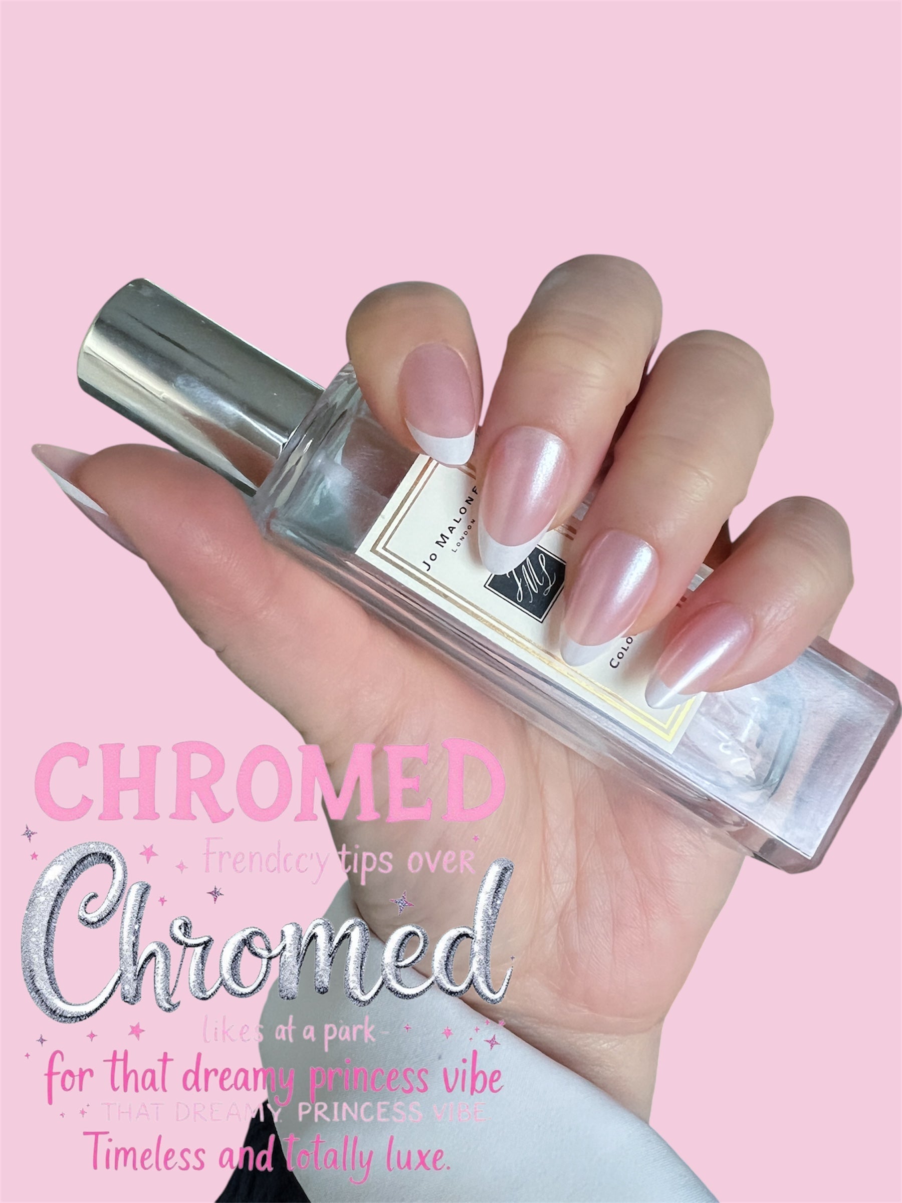 Hand holding a bottle of nail polish with 'Chromed' branding on a pink background