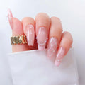 handcrafted blush pink cat-eye press on nails with polka dot pearl embellishment lattice design pink french