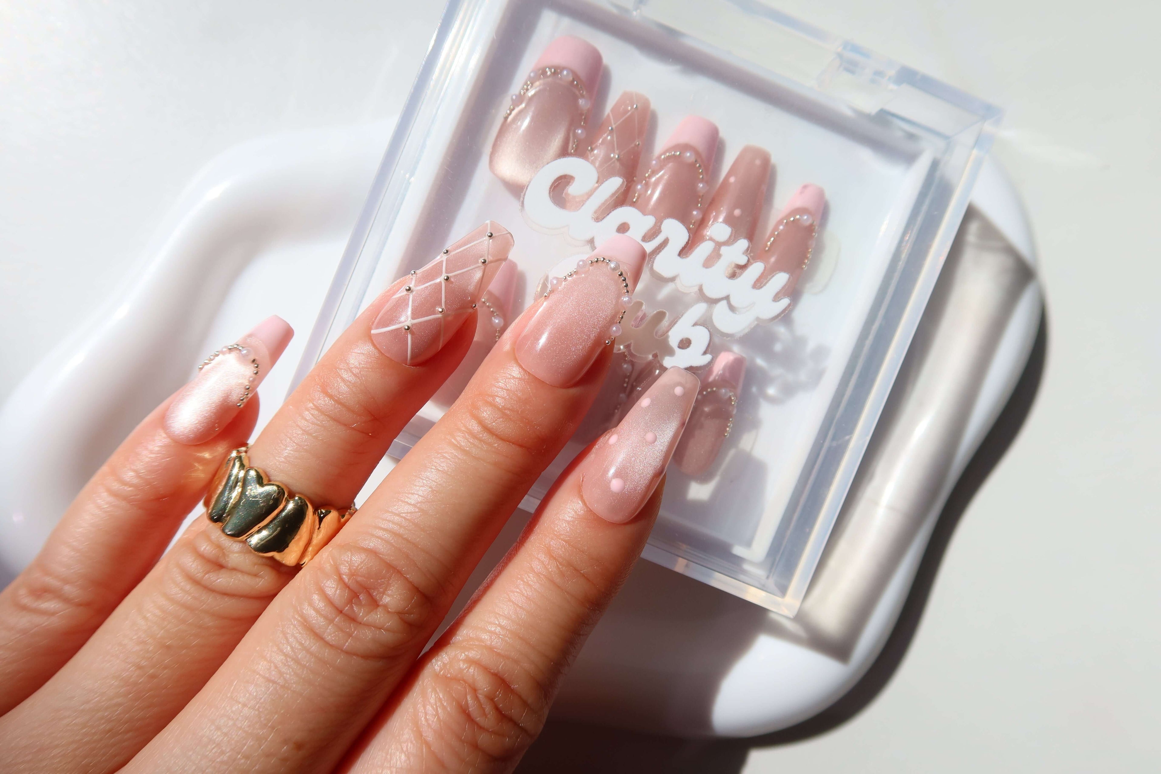 salon handcrafted press on nails long lasting pink translucent cat-eye gloss polka dots pink french